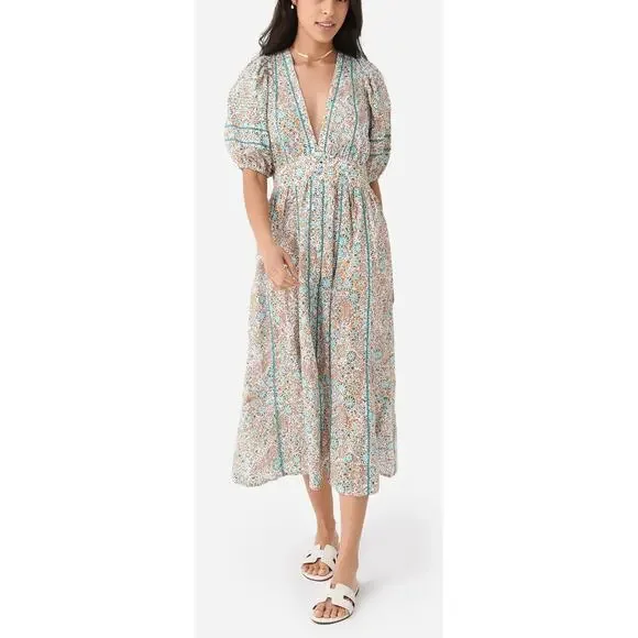 Poupette St Barth Reine Eyelet Puff Sleeve V-Neck Midi Dress Coverup Smocked Med Poupette St Barth Reine Eyelet Puff Sleeve V-Neck Midi Dress Coverup Smocked Med